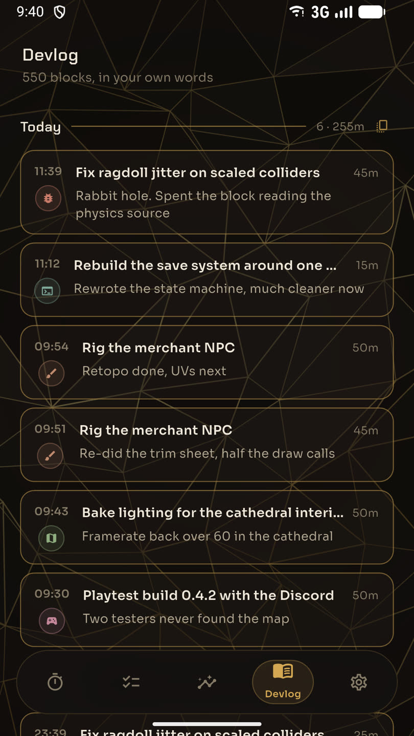 A day of annotated blocks in the devlog, with the Markdown export action.