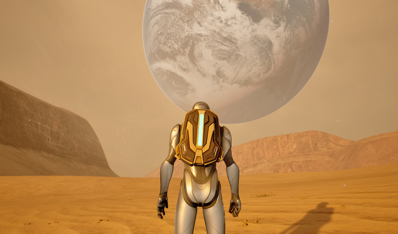 The pilot stands alone on the Martian surface beneath a pale planet.